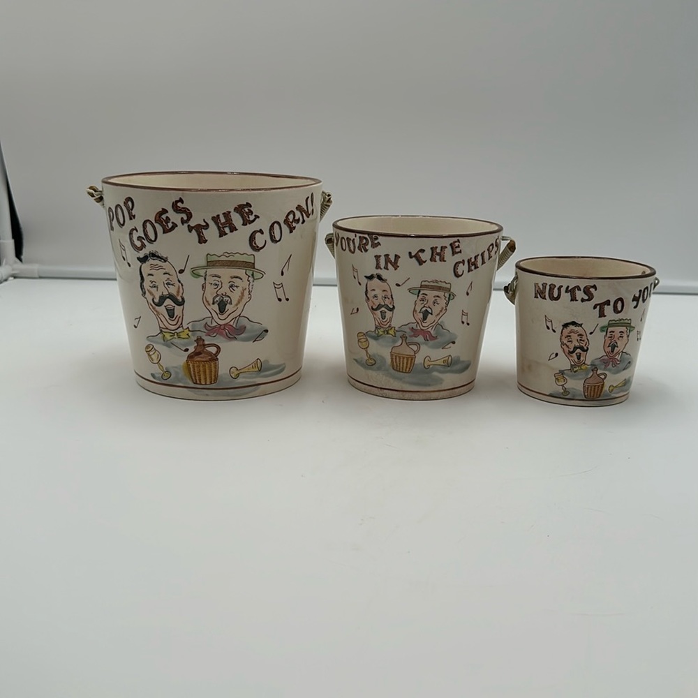 Vintage Tilso Ceramic 3 pc Buckets Popcorn Nuts Chips Japan Barbershop Can Can